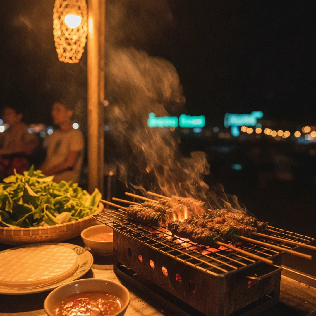 Bò cuốn lá lốt nướng trên bếp than nhỏ