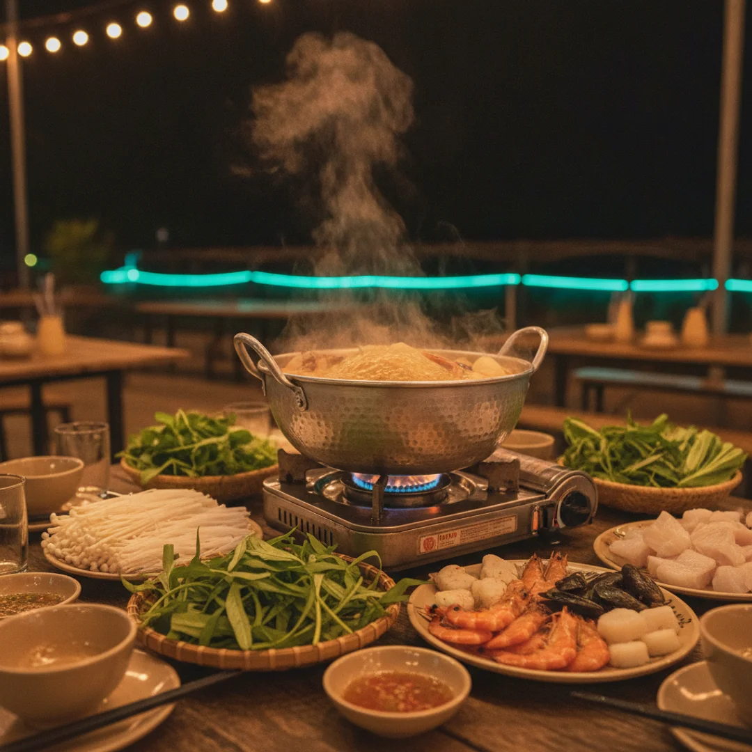 Lẩu hải sản sôi lăn tăn cùng đĩa rau và đồ nhúng